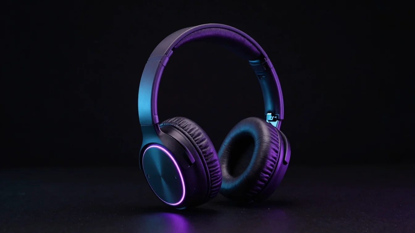Photorealistic over-ear headphones on a dark background, three-qu