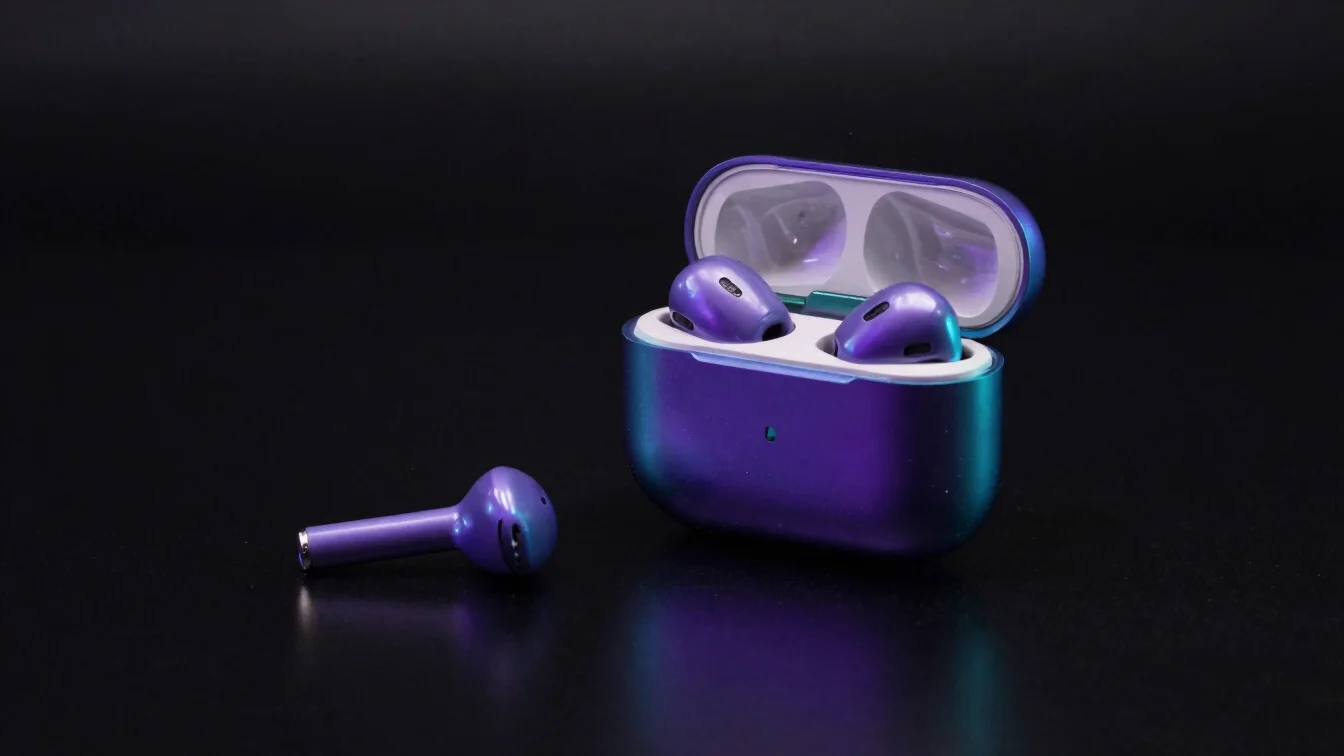 Photorealistic true wireless earbuds beside an open charging case