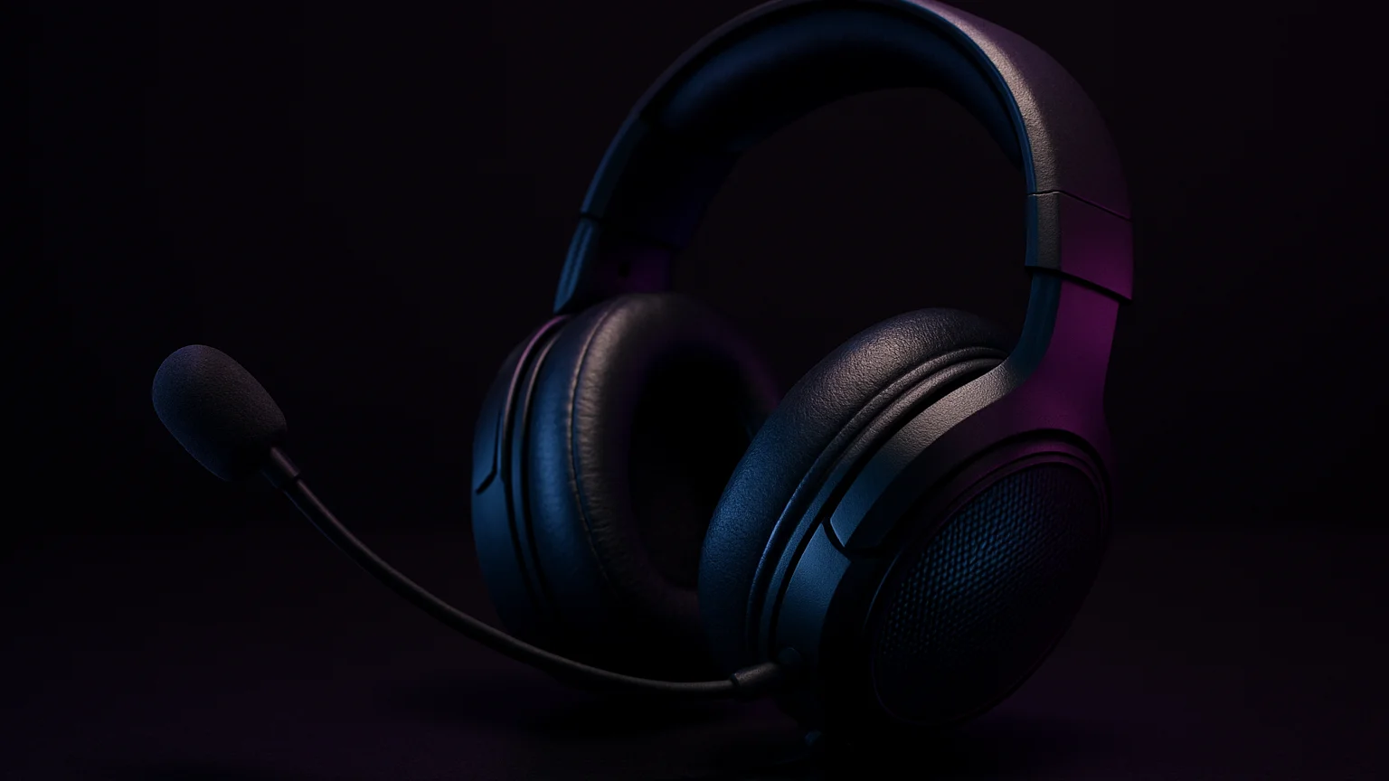 Photorealistic gaming headset with boom microphone on a dark back