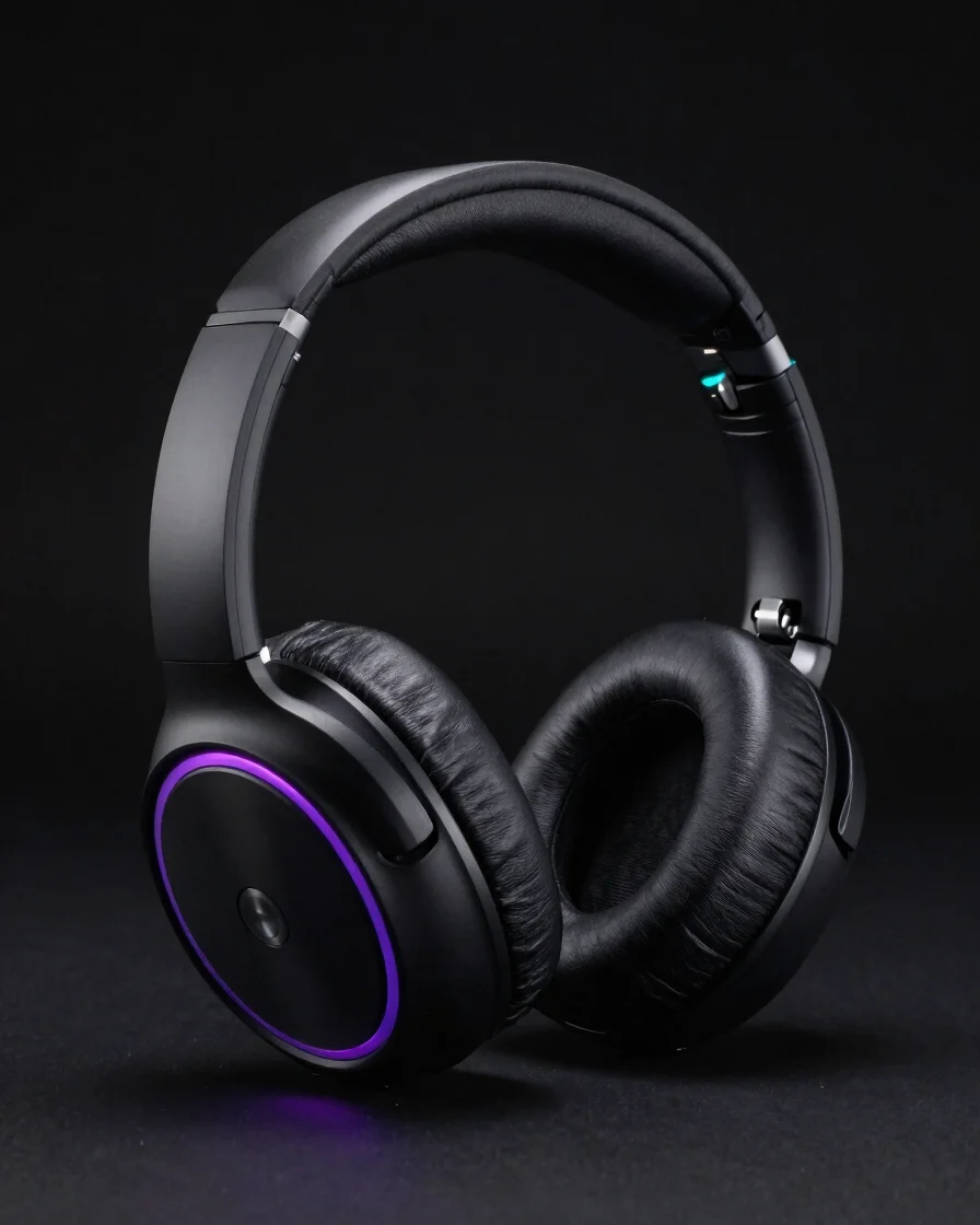 Photorealistic flagship over-ear headphone, matte black with viol