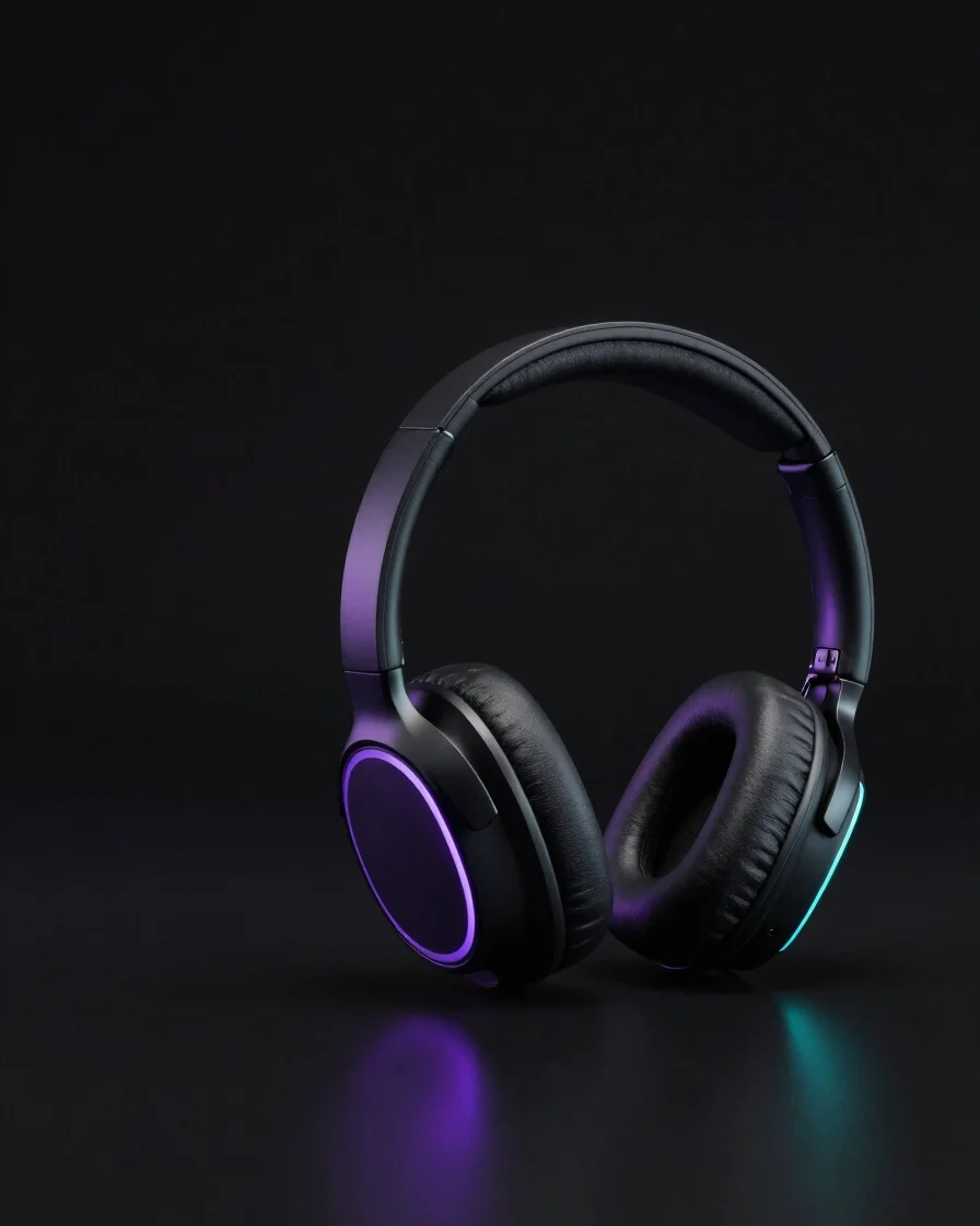 Wide product photograph of a floating matte-black over-ear headph